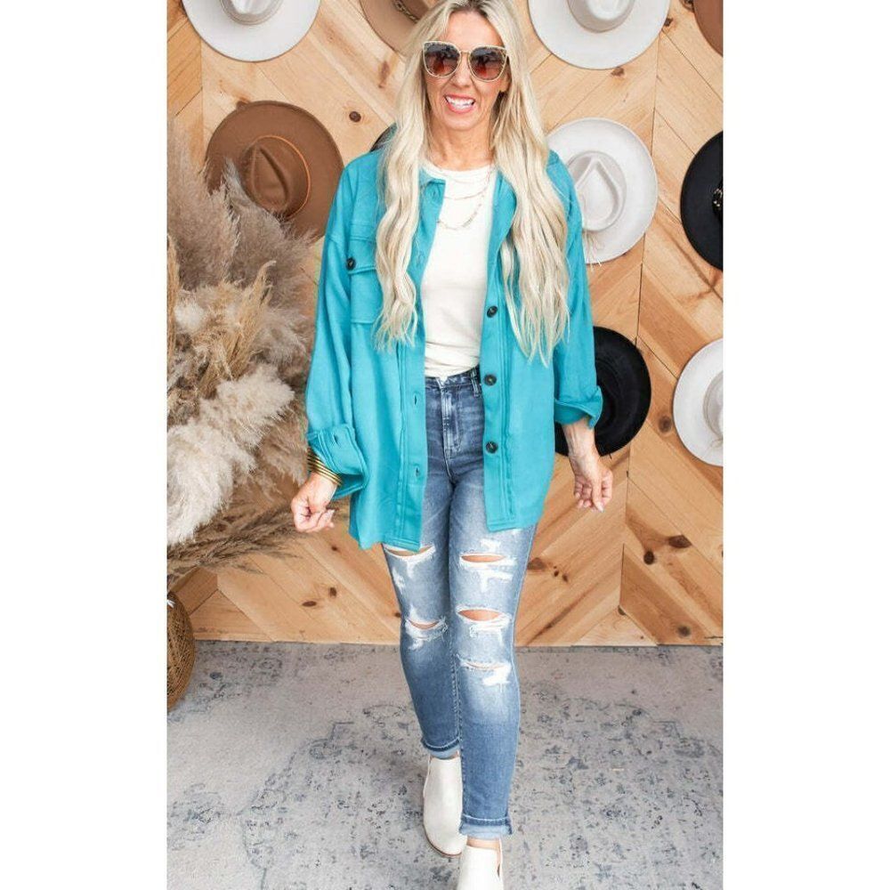 Zenana All About the Fleece Button-Down Shacket in Light Teal S-L QJ-4003D4 - Picture 5 of 10